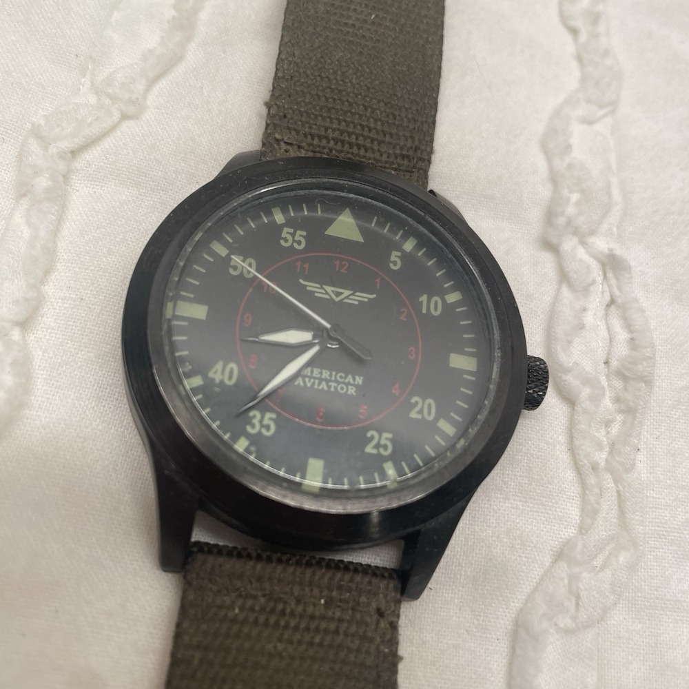 American Aviator Watch‎ Wristwatch Mens Black Green Band Vintage UNTESTED